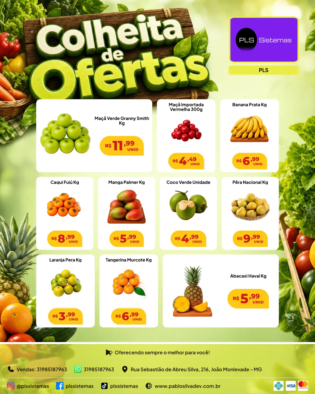 Encarte de hortifrúti com frutas e verduras