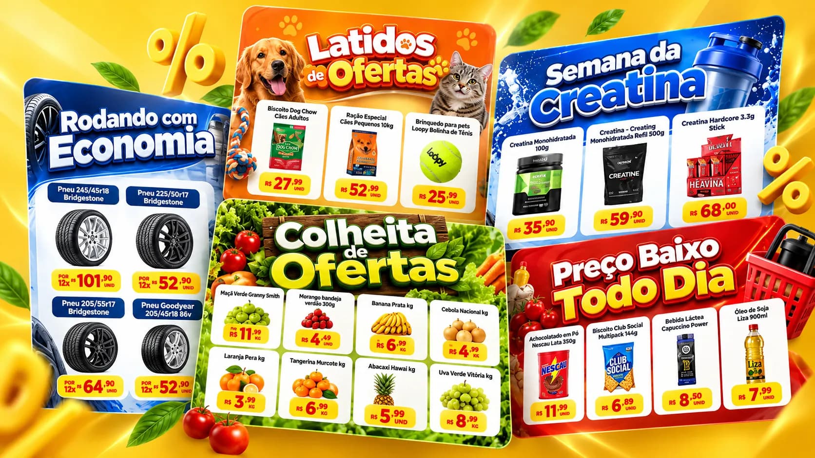 Encartes criados no Encarte Oferta para pneus, pet shop, suplementos, hortifrúti e supermercado